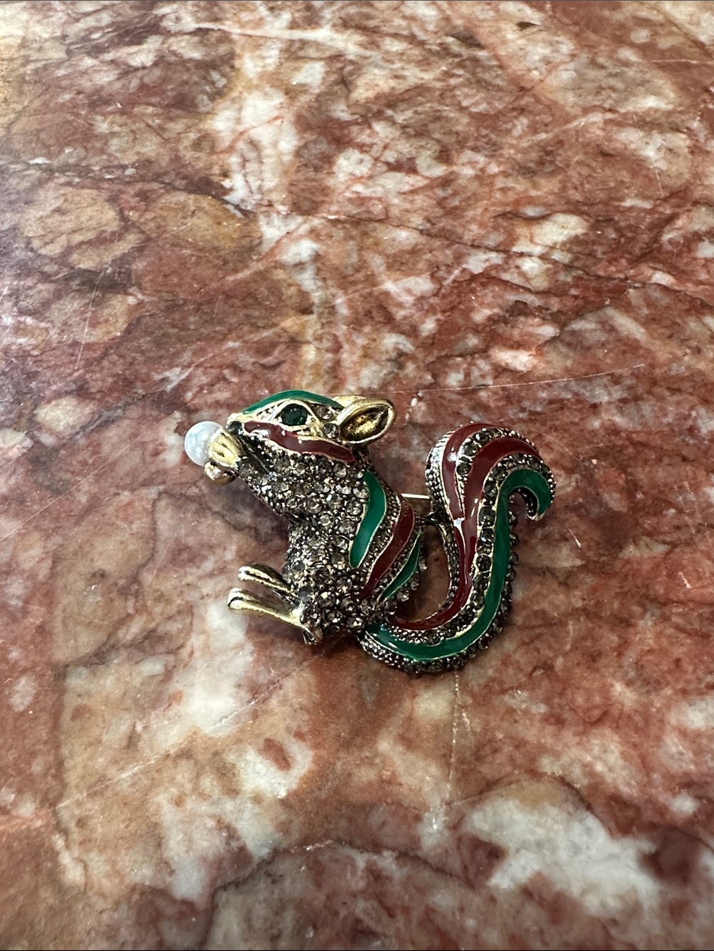 Colorful rhinestone squirrel brooch with pearl